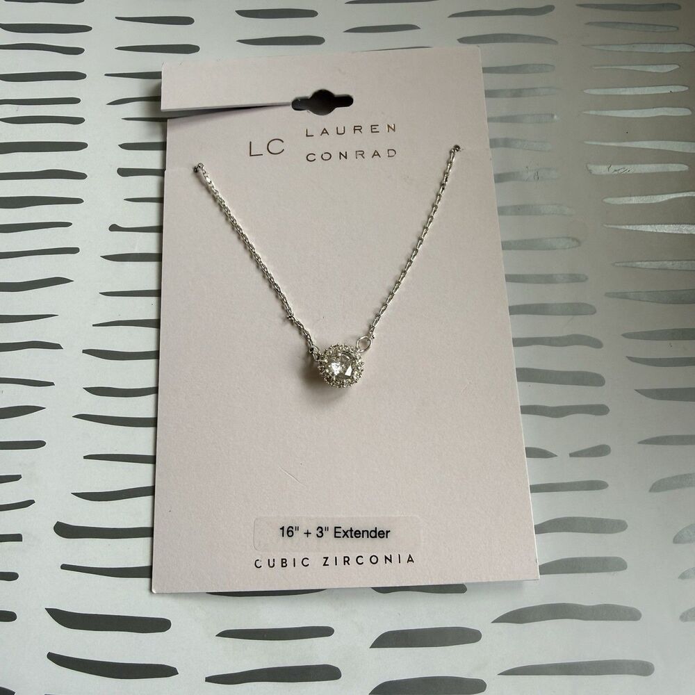 LC Lauren Conrad Cubic Zirconium Necklace 16” + 3” Extendeder Chain Silver Tone